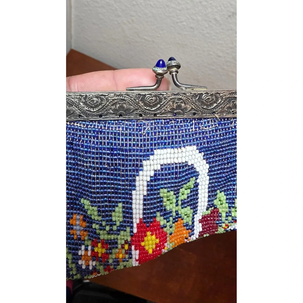 VTG Micro Beaded Floral Basket Evening Bag Blue Women Small Fringe Purse Y2k 80s